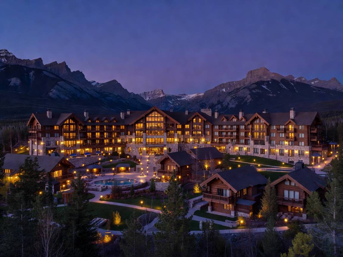 Evening lights glowing from a large resort complex in Alberta