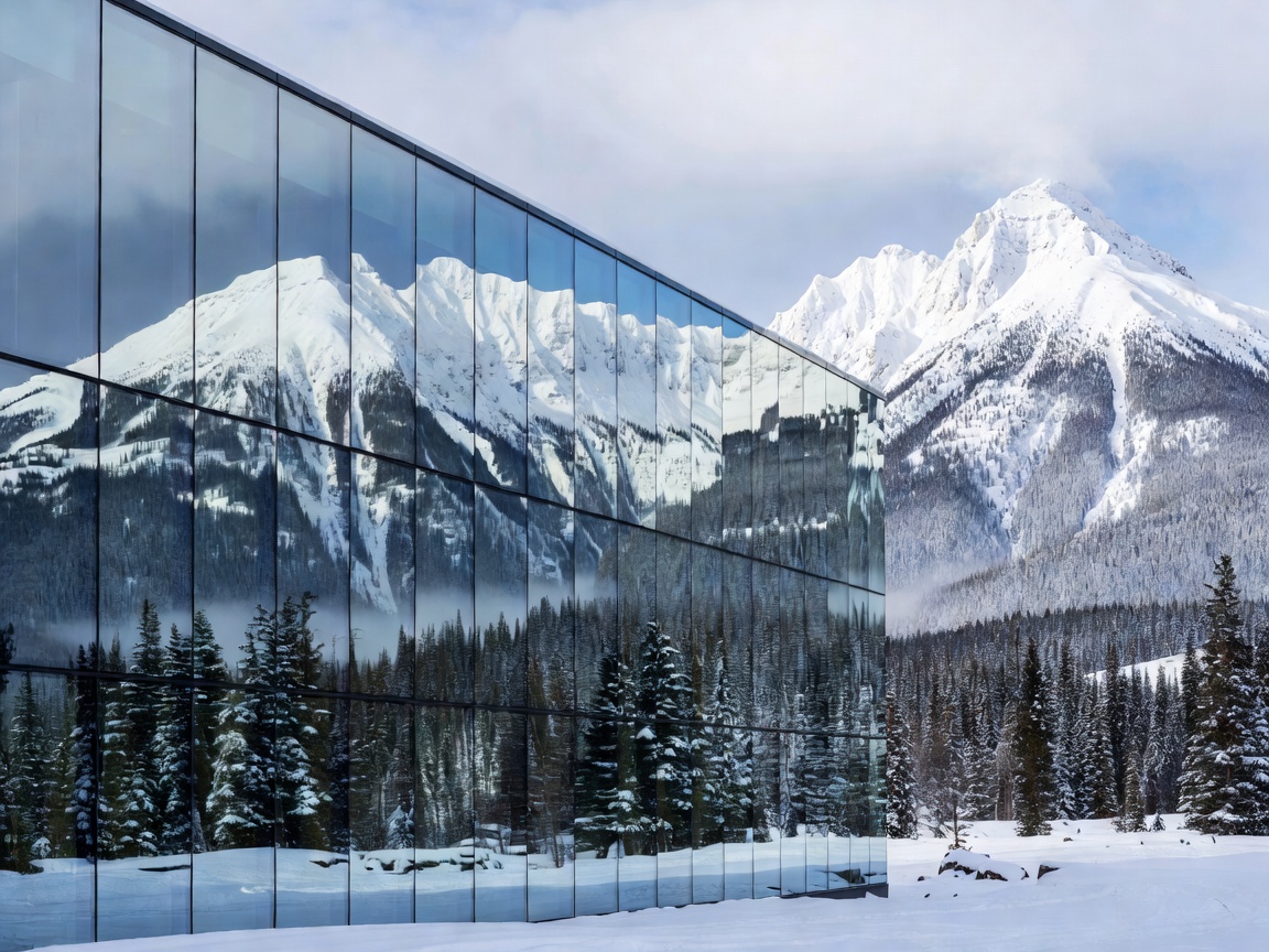 Snow-capped mountains reflecting on a glass hotel facade in British Columbia