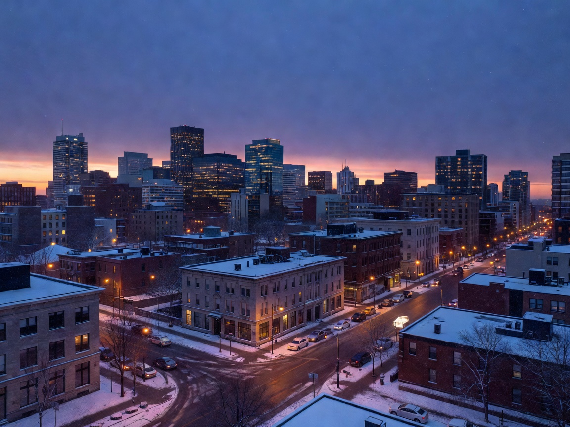 A Canadian city skyline during a winter evening with glowing streetlights