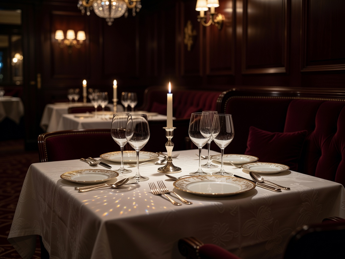 An elegantly set table in a dimly lit luxury hotel restaurant