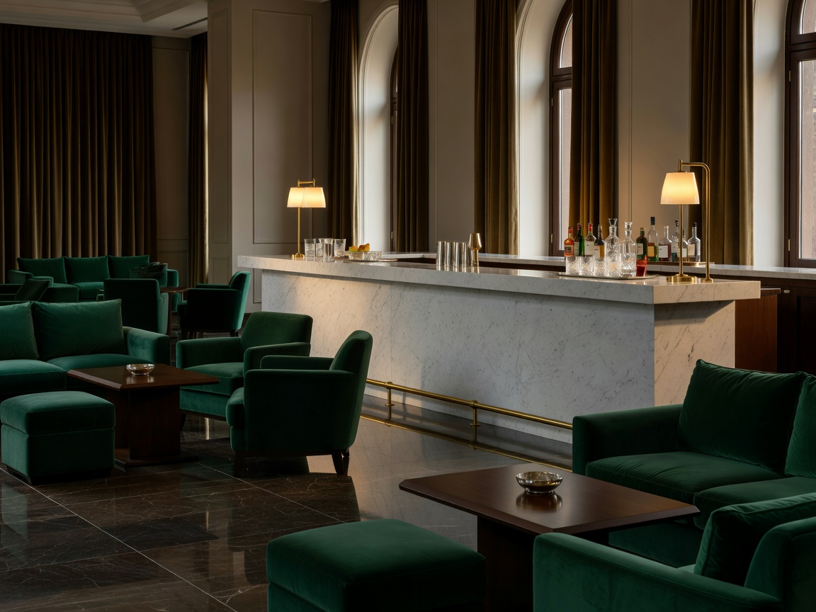Sophisticated hotel lobby bar with a marble counter and velvet seating