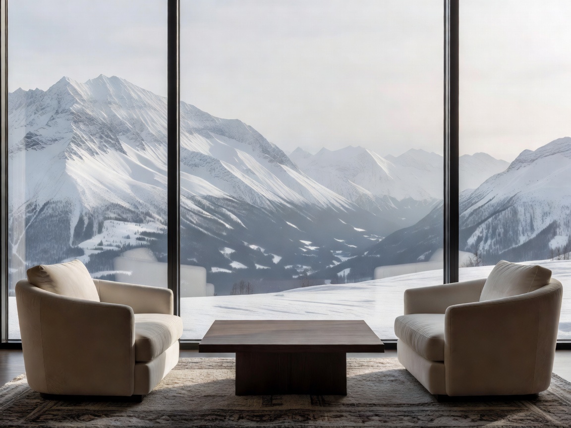A seating area in a hotel room looking out over snow-covered mountains through large windows