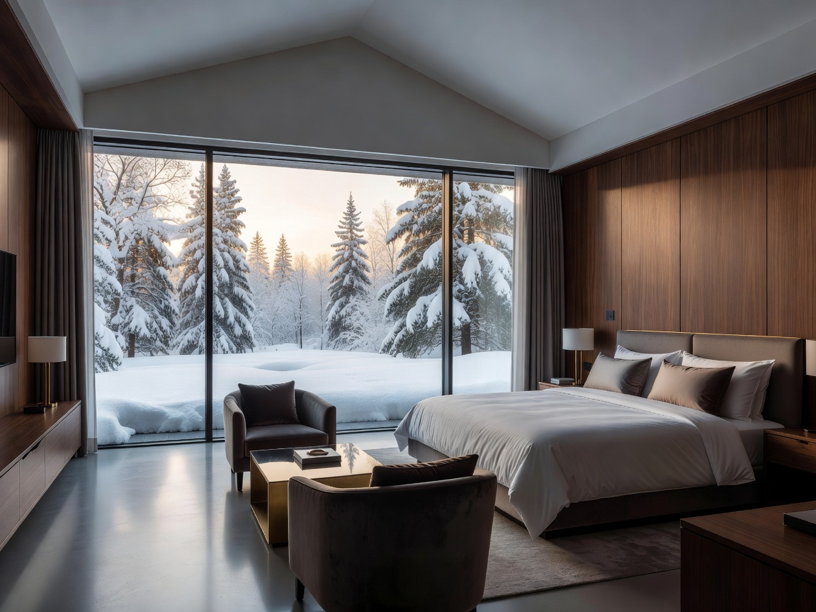A modern luxury hotel suite with floor-to-ceiling windows showing a snowy landscape