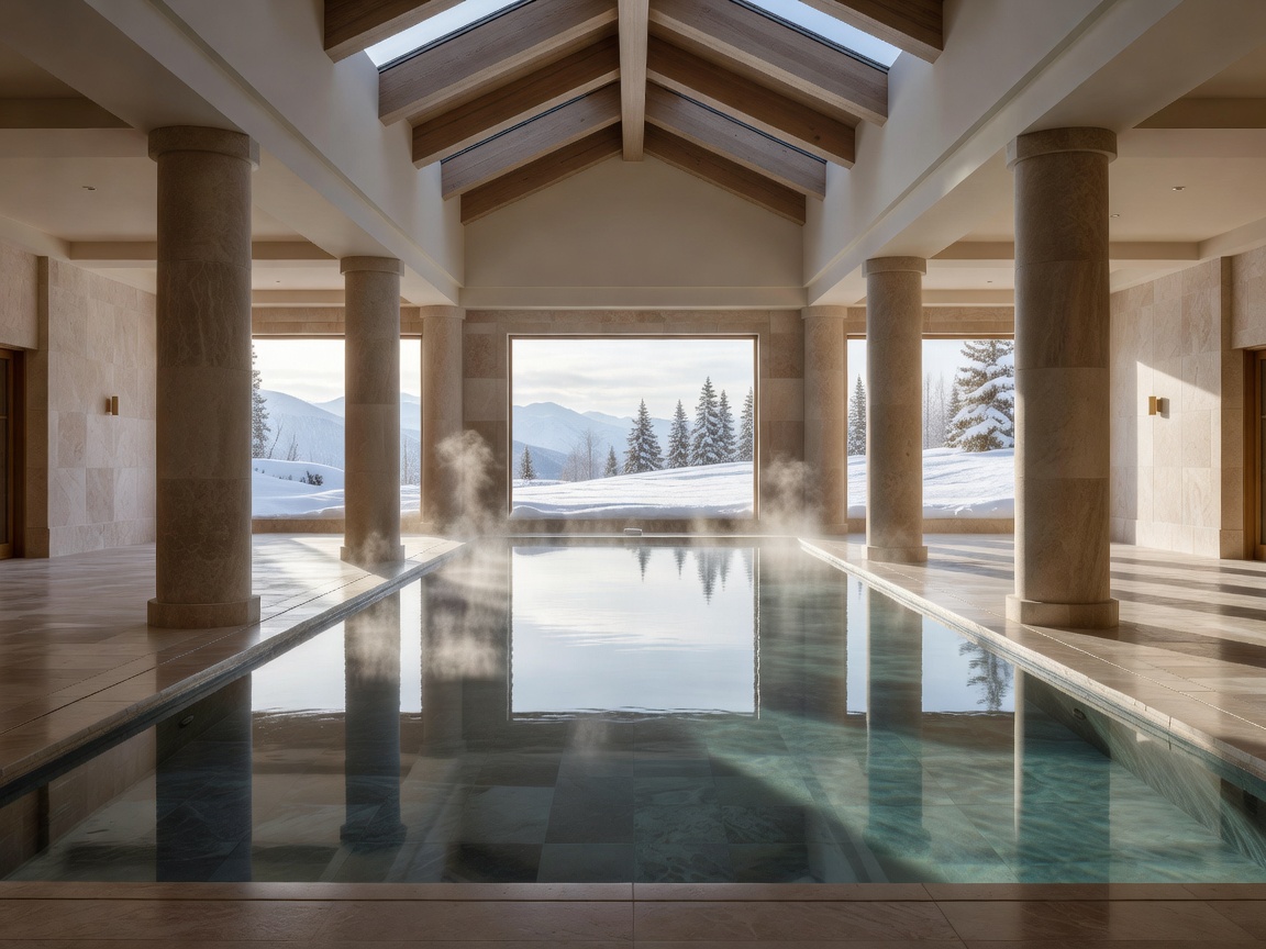 A serene indoor luxury spa pool with stone columns and calm water