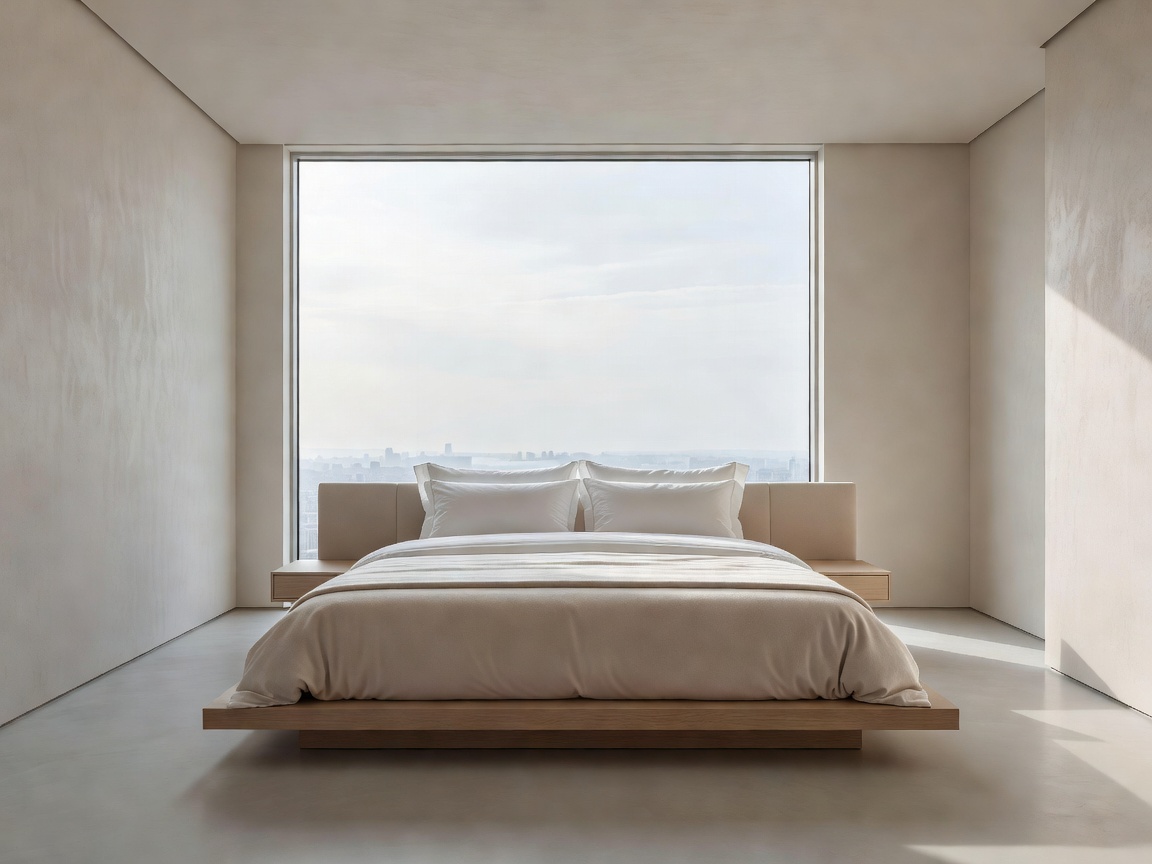 A minimalist luxury suite interior with neutral tones and a large bed facing a window
