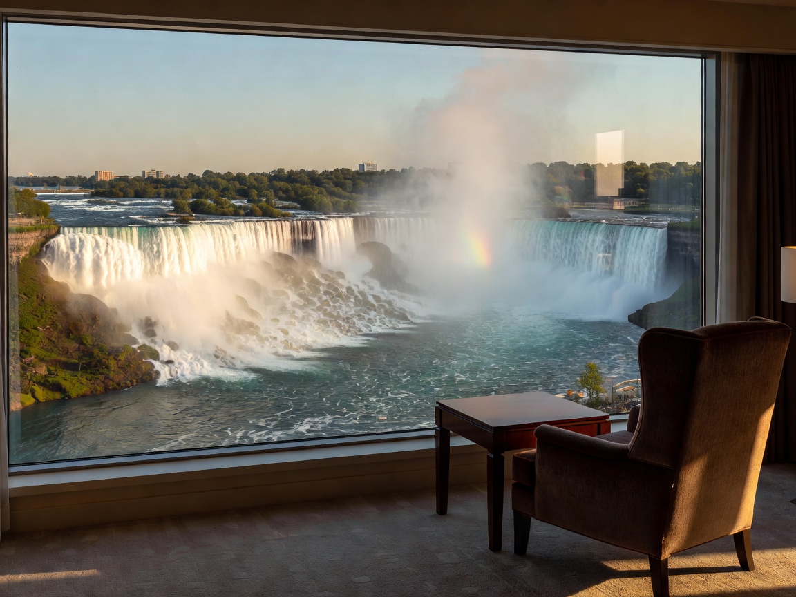 View of Niagara falls from a high rise hotel suite window