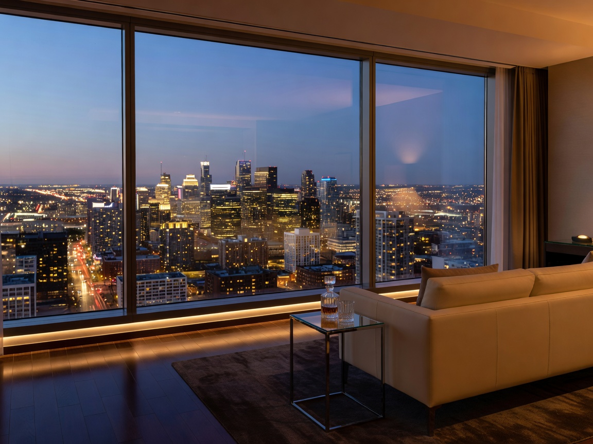 Gleaming city lights viewed from a high-rise luxury hotel suite in Ontario
