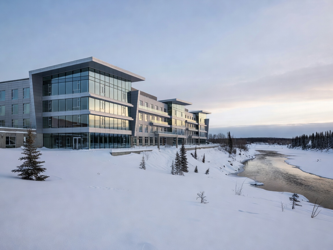 River Cree Resort exterior in Alberta featuring modern design against a snowy landscape
