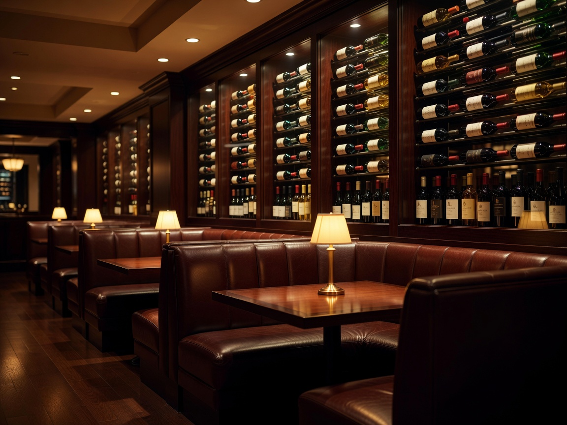Warmly lit upscale steakhouse interior with leather booths and wine displays