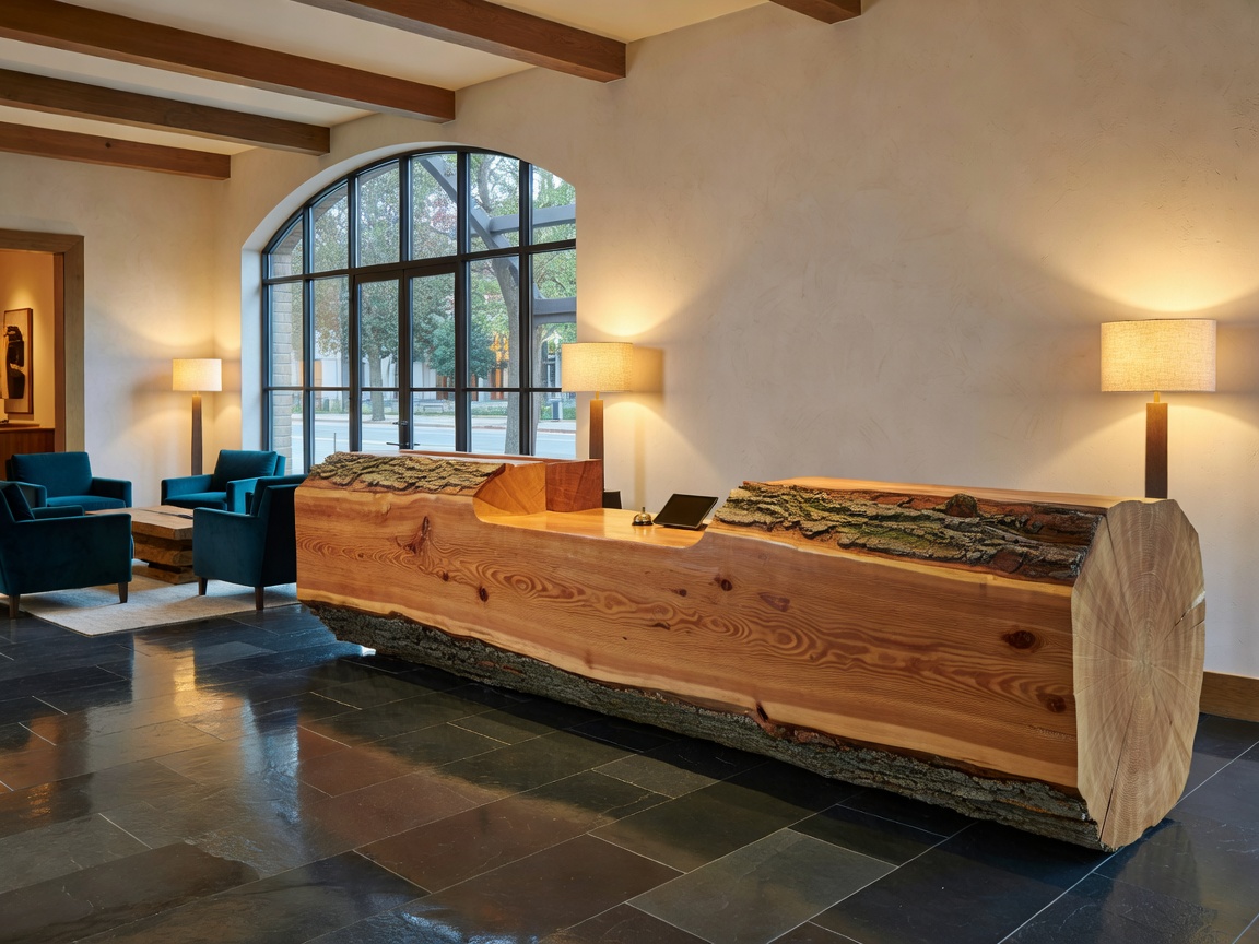 The Douglas Hotel lobby featuring a massive reception desk made from a Douglas Fir tree trunk